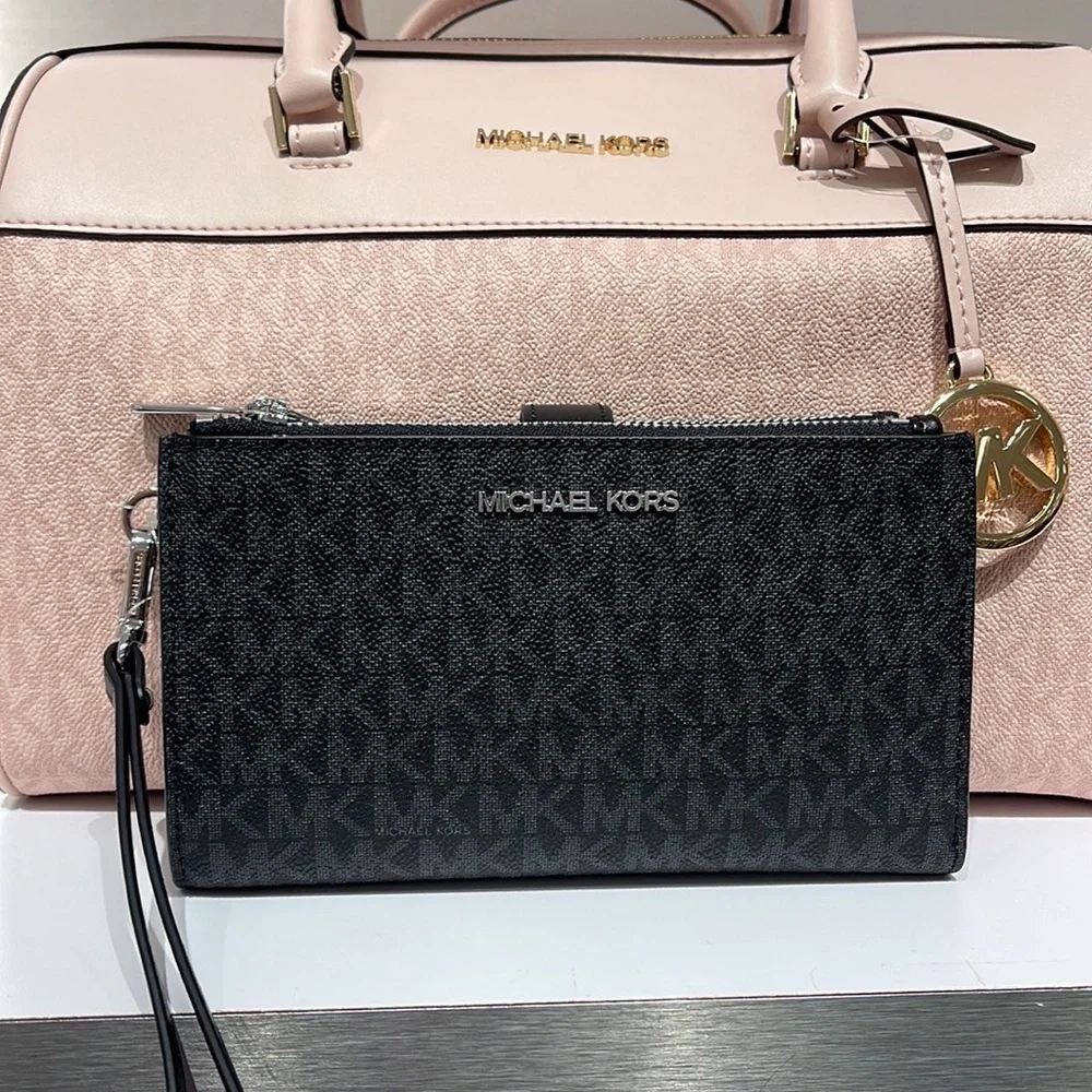 MICHAEL KORS LARGE DOUBLE ZIP WRISTLET PHONEHOLDER WALLET CLUTCH  BLACK SIGNATUR